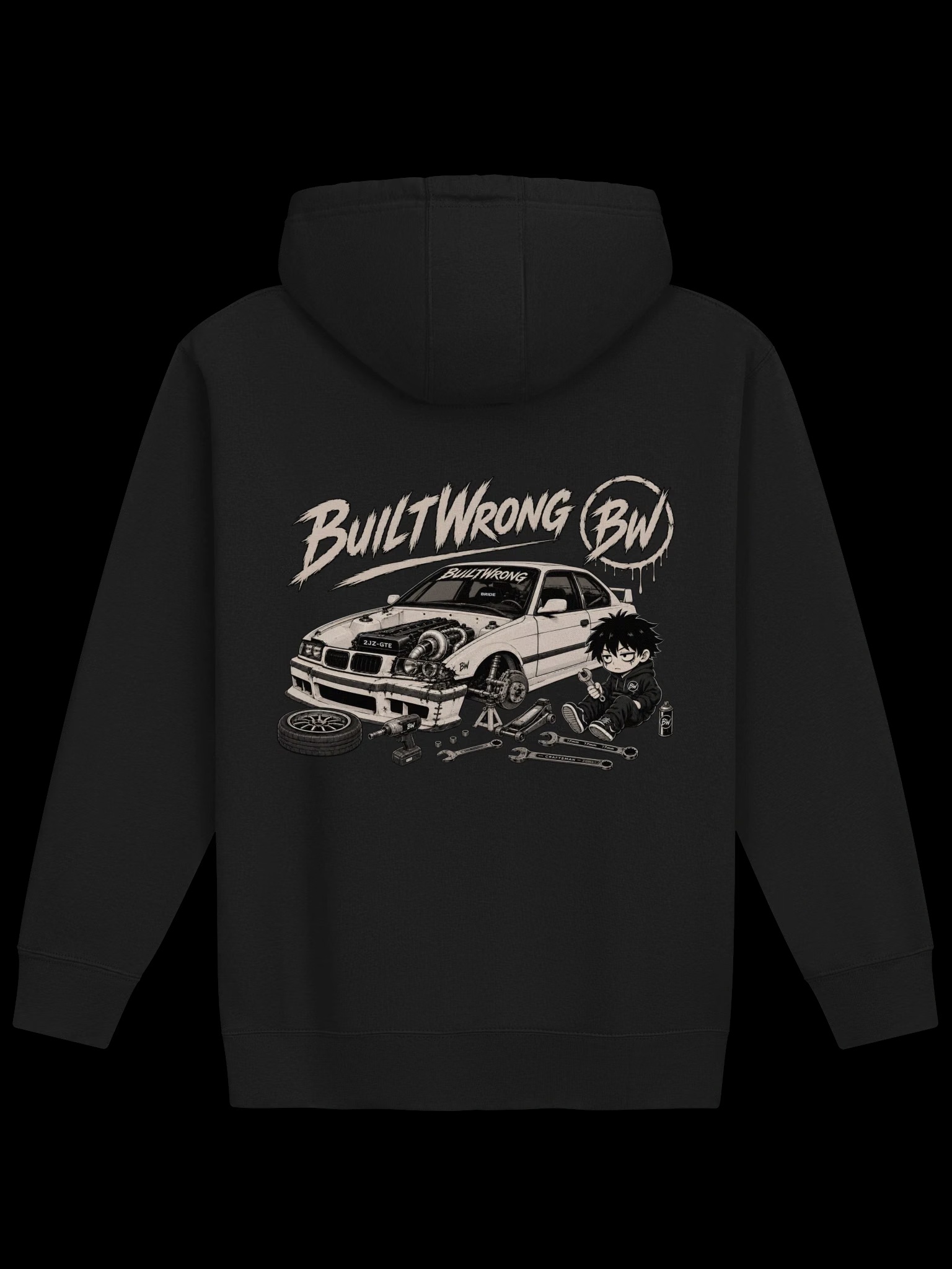 BuiltWrong black hoodie back with BuiltWrong automotive graphic