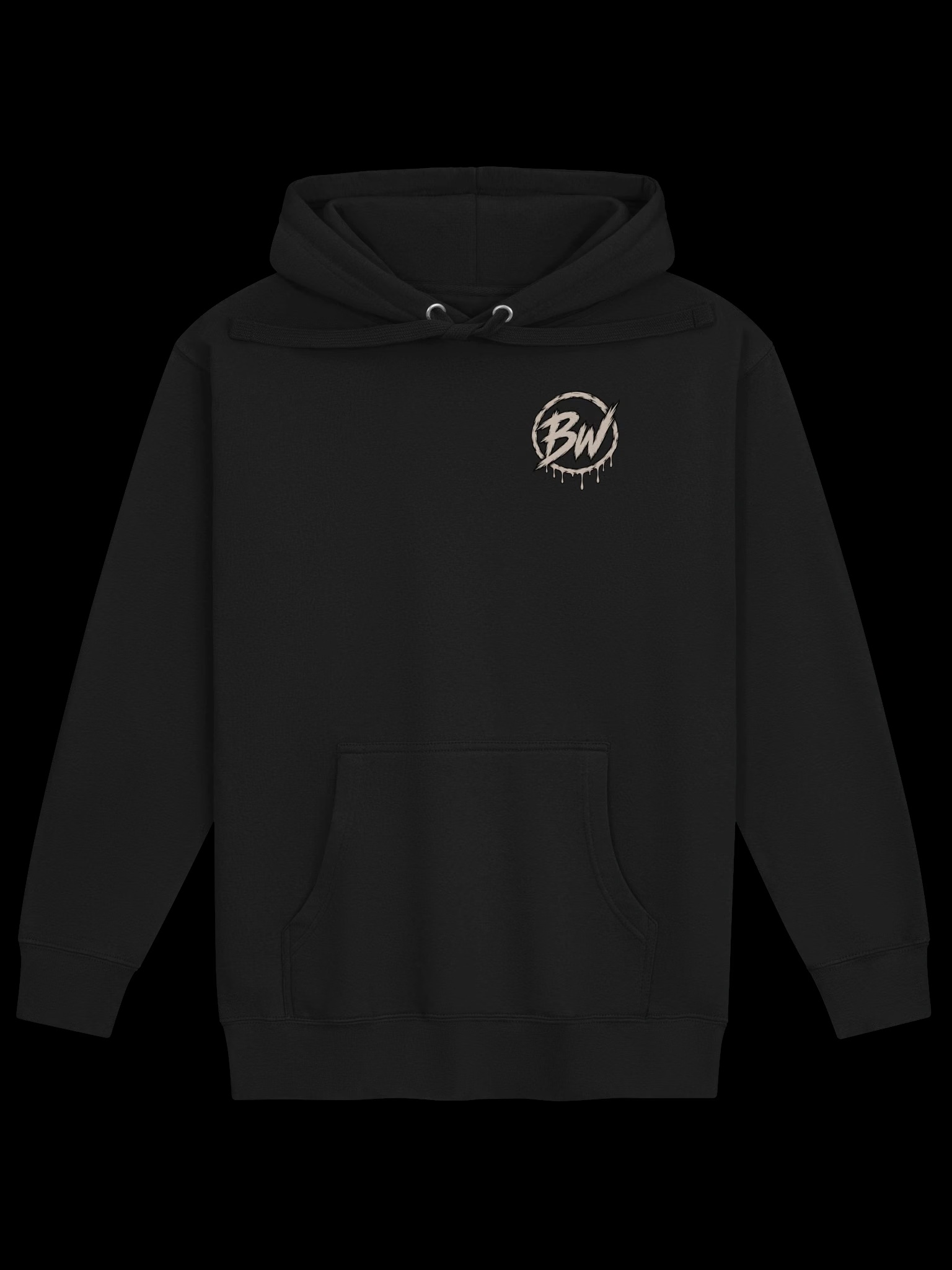 BuiltWrong black hoodie front with BW chest logo